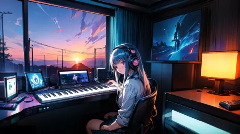 high resolution,high definition,high quality,girl playing games,gaming computer,erogeo art style, arte roffie, zero vibrations, ...