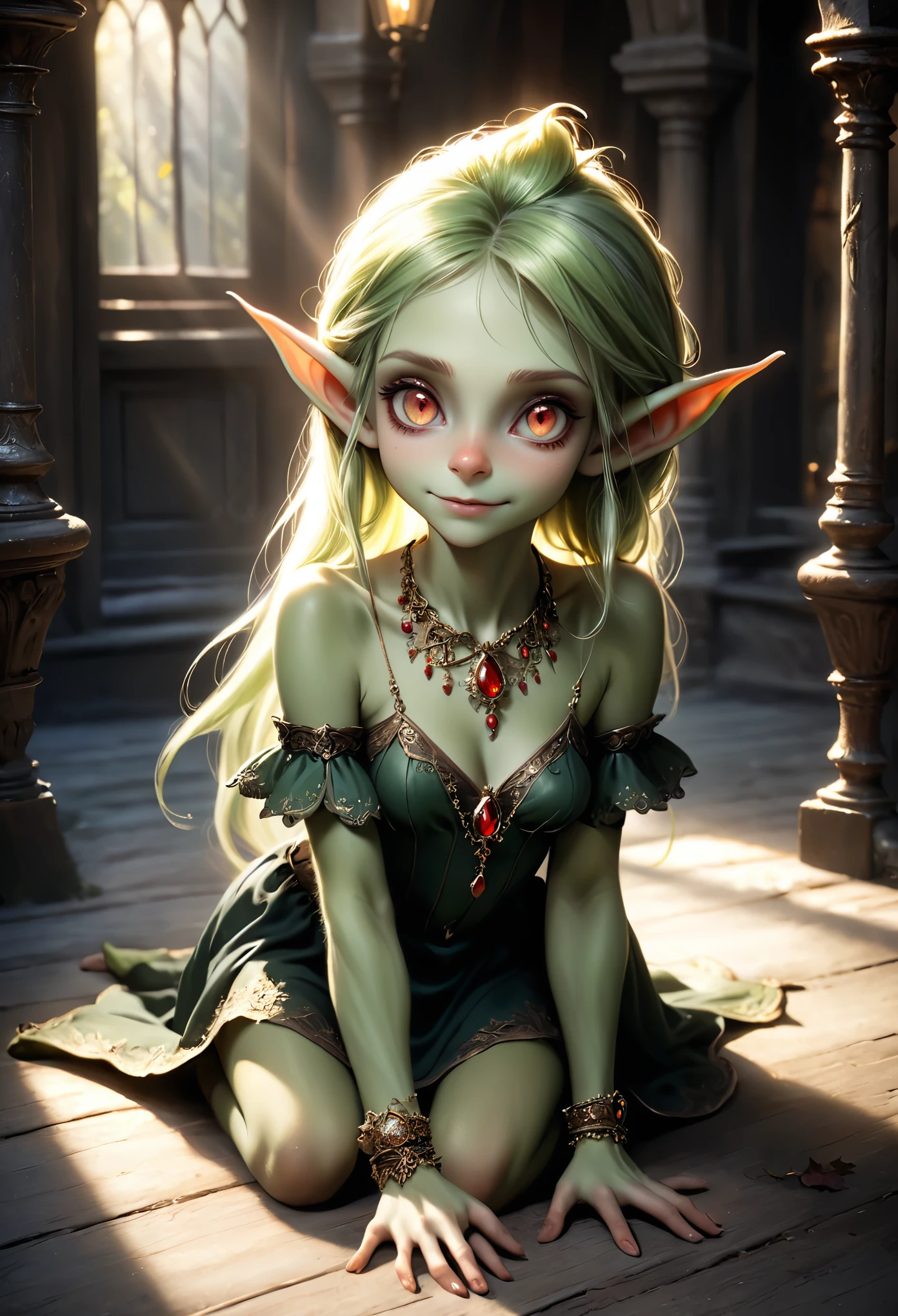 (Realisttic:1.2), analog photo style, (cute goblin wooman looking like elf, intensed red eyes, surrounded by a gloomy antique setting), (her full body s a visual pleasure), faint smile, soft shading expresses beautiful skin texture, sexy and seductive, Graceful curve, light reflection on the floor, ornate embroidery and embellishments, an elegant necklace, thin bracelets on the wrist, rich and lustrous hair, three dimensional effect, gloomy dark atmosphere, play of light in the sun rays, a delicate balance between beauty and darkness, faded colours, great quality, Masterpiece, intricate fantasy background, naturally cinematic light, 16k quality, HDR, RAW photo