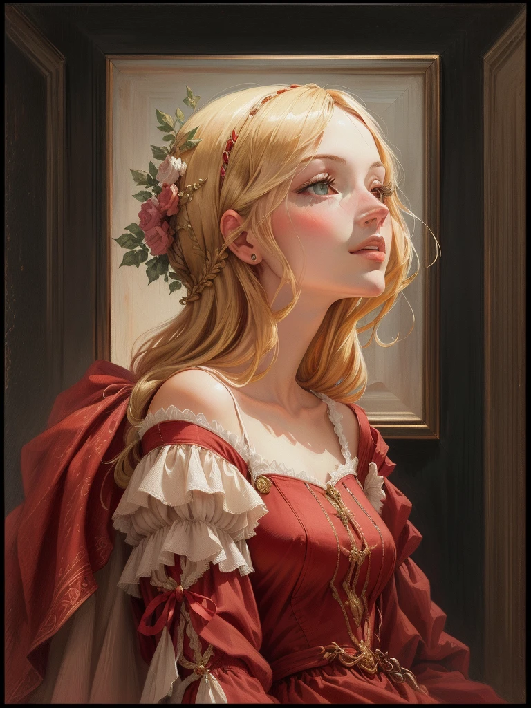 a close up of a ภาพวาดของผู้หญิงคนหนึ่ง with a red dress, ตามสไตล์ซานโดร บอตติเชลลี, ได้รับแรงบันดาลใจจากภาพเขียนของโดเมนิโก กีร์แลนไดโอ, ภาพเหมือนของหญิงสาวคนหนึ่ง, sandro สไตล์บอตติเชลลี, ในสไตล์ผสมผสานของบอตติเชลลี, ได้รับแรงบันดาลใจจาก Ridolfo Ghirlandaio, สไตล์บอตติเชลลี, ภาพวาดของผู้หญิงคนหนึ่ง