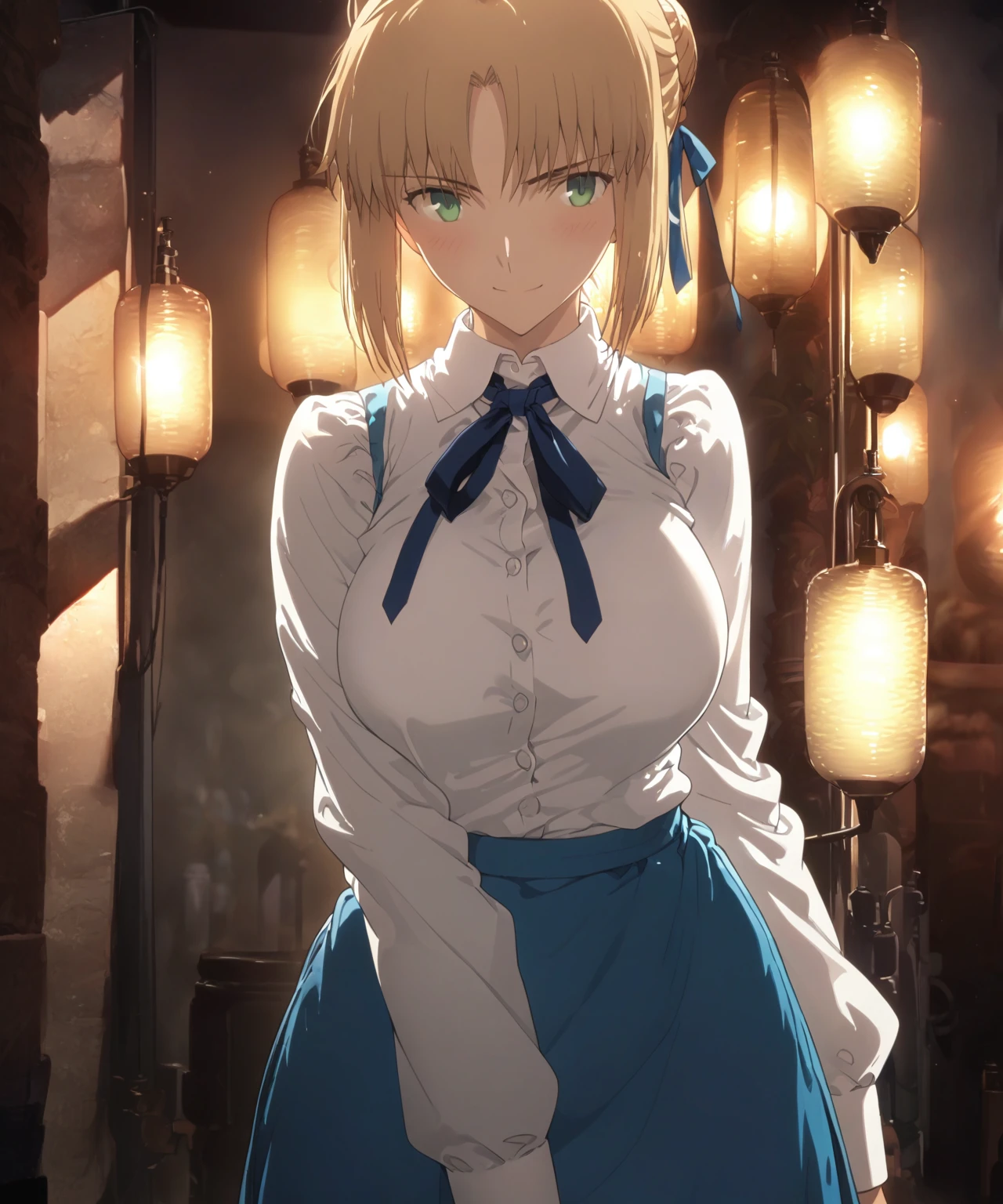 best quality, amazing quality, very aesthetic, 1girl, saber, fate/stay night, 1girl, saber, fate/stay night, , (artist official art:1.5), french braid bun hair, ahoge_hair, green eyes, large breasts, jitome, cinematic light, white_button_up_shirt, blue_neck_ribbon, blue_skirt, stand_up_straight, on bedroom happy, smile, blush, night, looking_at_viewer, oily_skin, sexy, from_the_front