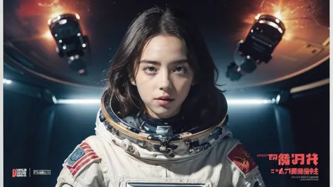 ((((dramatic))), (((Roughness))), (((intense))) The movie poster shows a young woman((astronaut))is the central figure。(She stan...