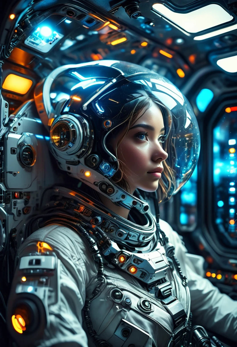 a futuristic astronaut in a space capsule, control panel, high-tech interior, metal and glass materials, atmospheric lighting, dramatic cinematic composition, intricate details, photorealistic, concept art style