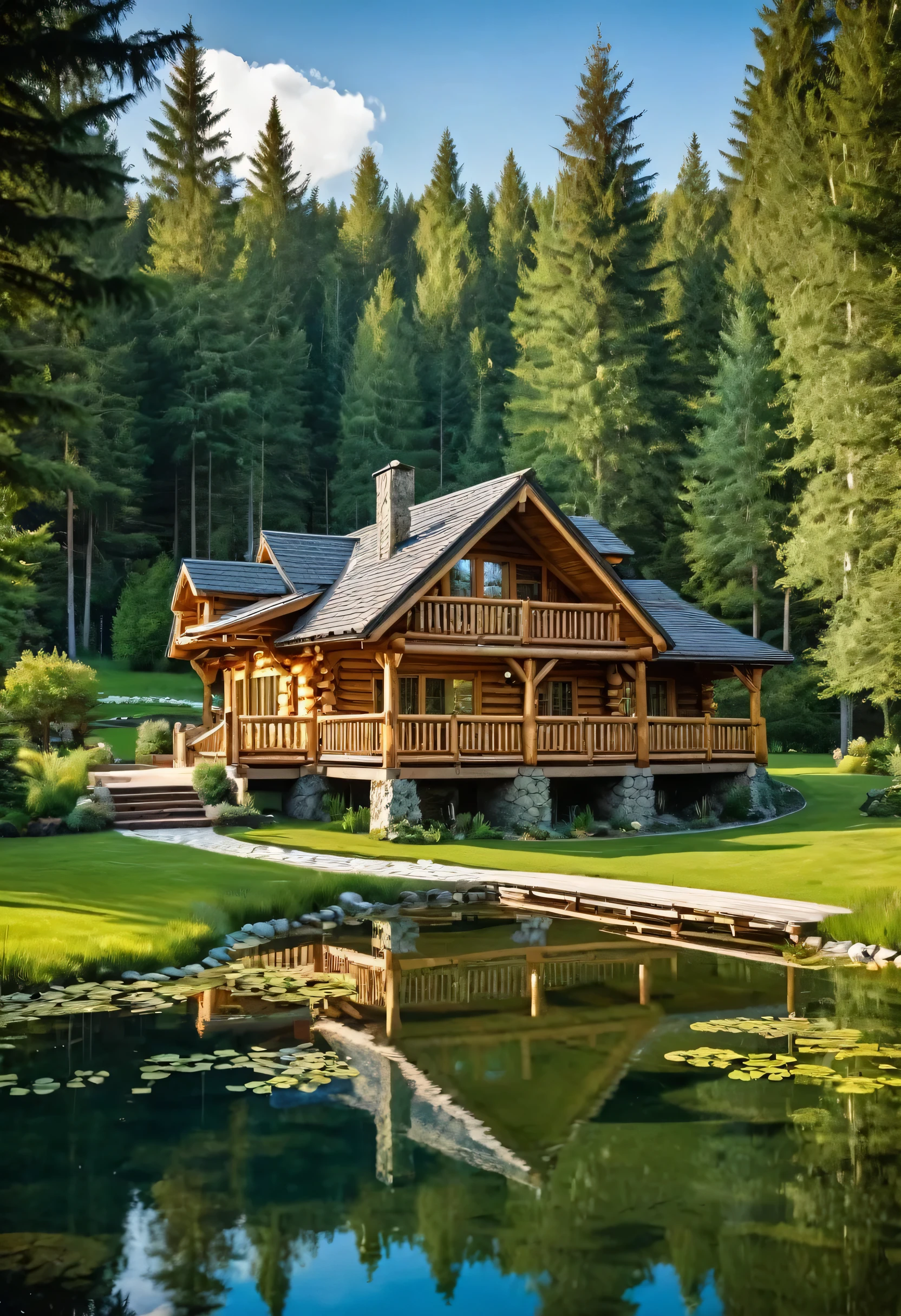 A majestic log cabin, nestled amidst a serene landscape, exudes a sense of tranquility and luxury. The cabin's rustic charm is enhanced by the surrounding gardens, complete with a series of interconnected ponds and a charming wooden bridge. The distant forest provides a breathtaking backdrop, creating a sense of harmony and peace.