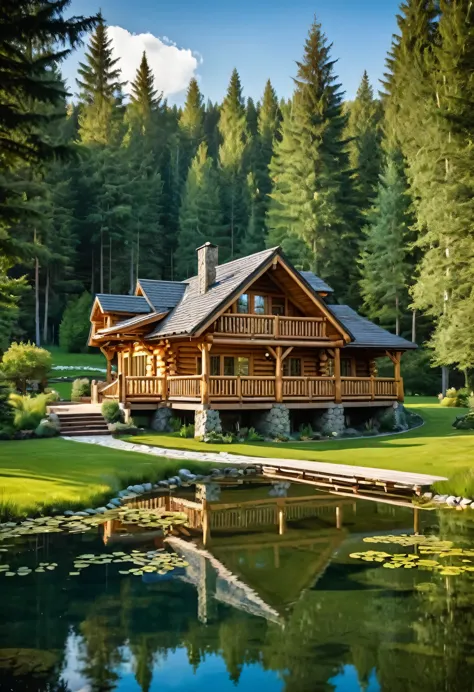 a majestic log cabin, nestled amidst a serene landscape, exudes a sense of tranquility and luxury. the cabin's rustic charm is e...