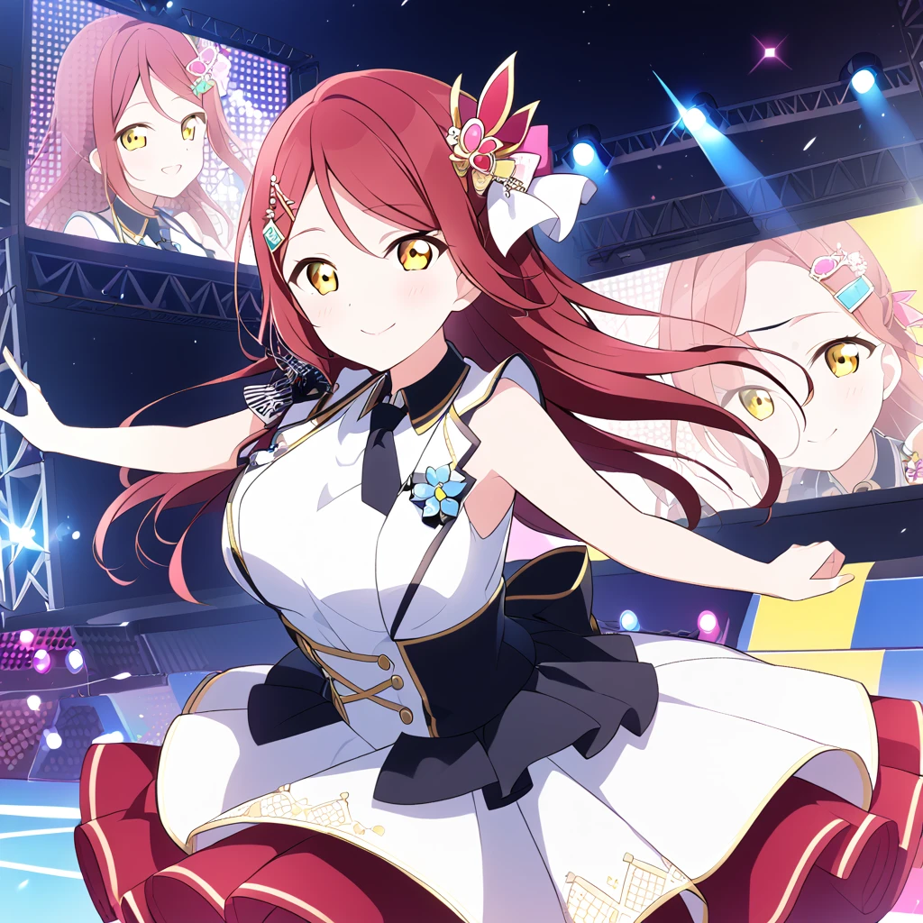 riko sakurauchi, long hair, hair ornament, (yellow eyes:1.3), red hair, hairclip,,, live stage, large Breasts, Formal dress smile　solo

