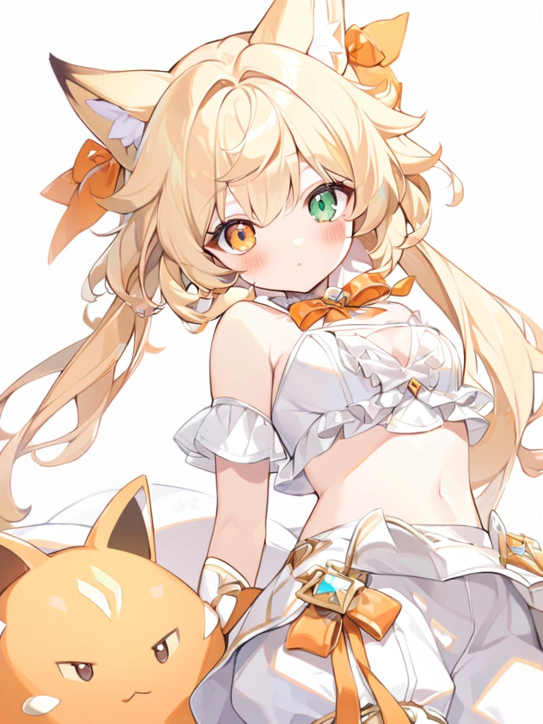 1girl, Cute girl, big eyes,Nice face,The fox girl,bangs, bare shoulders, blonde hair, blush, bow, breasts, white cleavage, cropped torso, , green eyes, hair ribbon, heterochromia,  stlooking at viewer, , orange bow, orange eyes, orange ribbon,  stuffed toy, twintails, upper body, full-length, white legbands, white shoes with lace and white bows, white background, wrist cuffs, yellow eyes, bloomers, close-up, fair skin frills, lace, midriff, skirt, solo, , white background,shorts, white top with ribbon and lace and trousers,trousers, genshin,white slippers with a bow,All clothes are white, laceAt full height, it stands, в полный рост