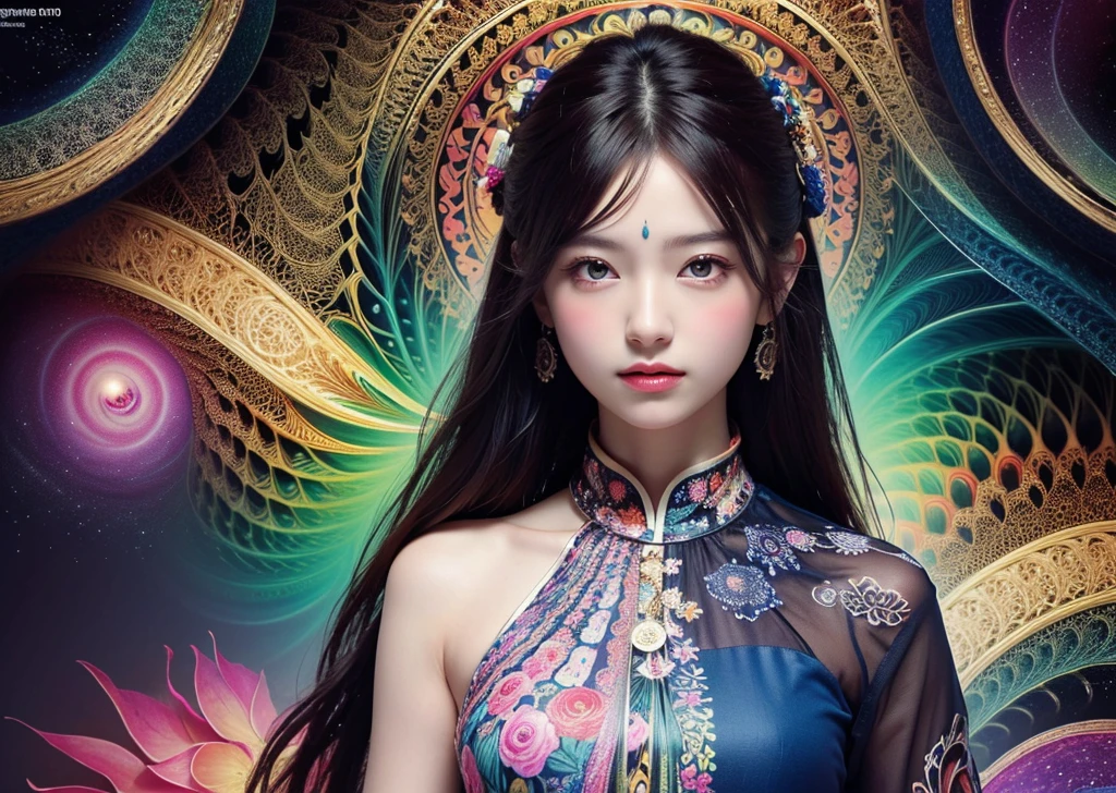 (masterpiece, Highest quality, Highest quality, Official Art, beautifully、beautiful:1.2), (1 Girl), Very detailed,(Fractal Art:1.3),Colorful painted blouse、Most detailed, A background with mandala-like fractal space details、Psychedelic Concept