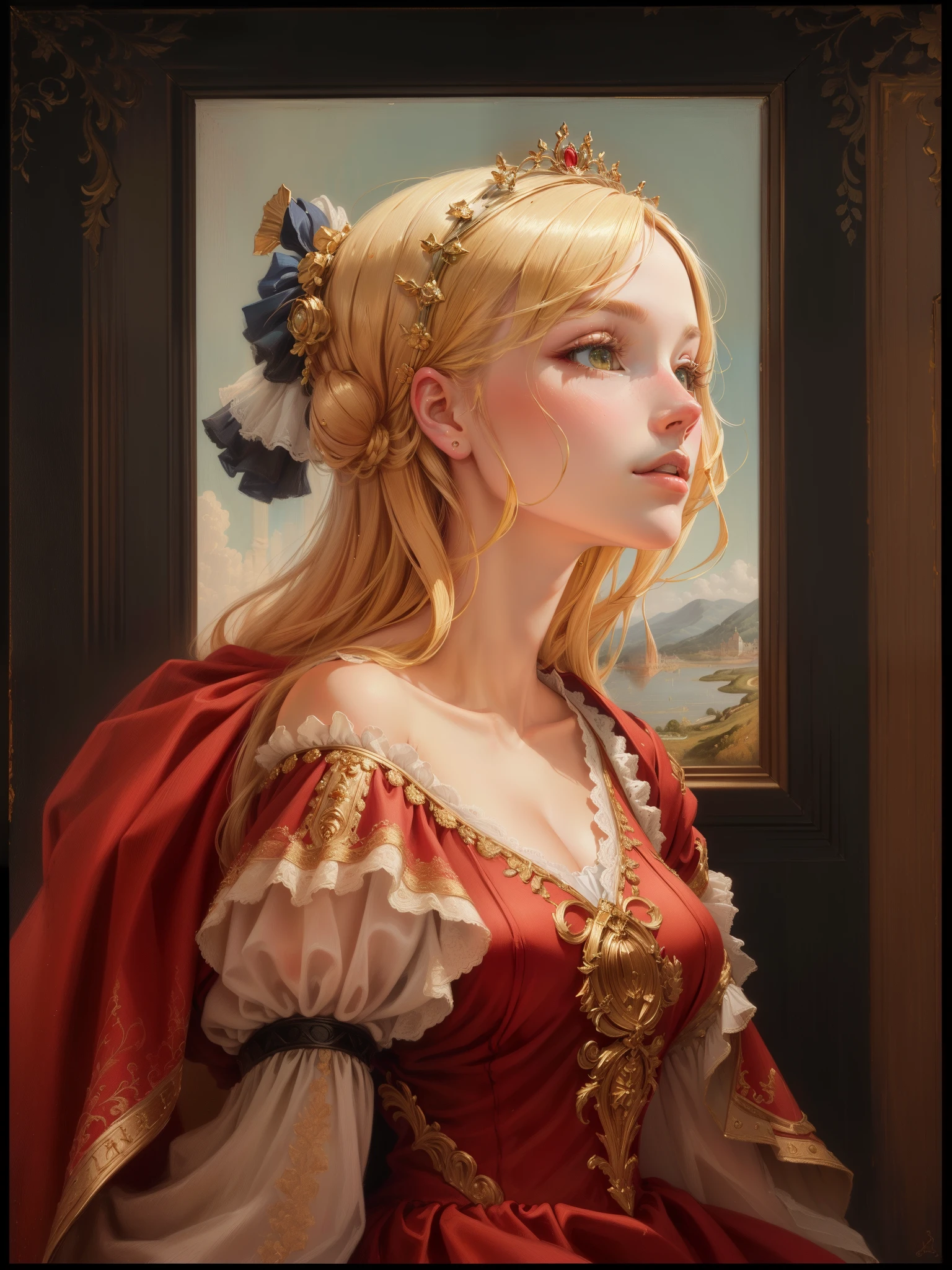 a close up of a painting of a woman with a red dress, in style of sandro botticelli, inspired by Domenico Ghirlandaio, portrait of a young woman, sandro botticelli style, in a style blend of botticelli, inspired by Ridolfo Ghirlandaio, botticelli style, painting of a woman