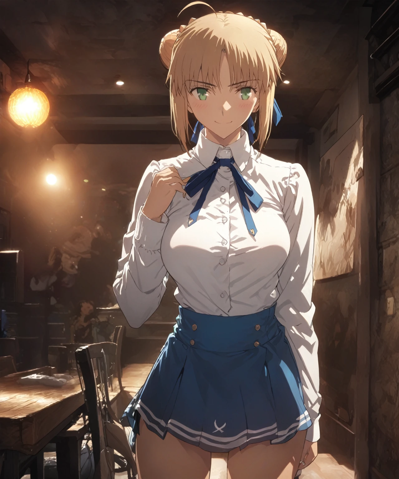 best quality, amazing quality, very aesthetic, 1girl, saber, fate/stay night, 1girl, saber, fate/stay night, , (artist official art:1.5), french braid bun hair, ahoge_hair, green eyes, large breasts, jitome, cinematic light, white_button_up_shirt, blue_neck_ribbon, blue_skirt, stand_up_straight, on bedroom, happy, smile, blush, night, looking_at_viewer, oily_skin, sexy, from_the_front