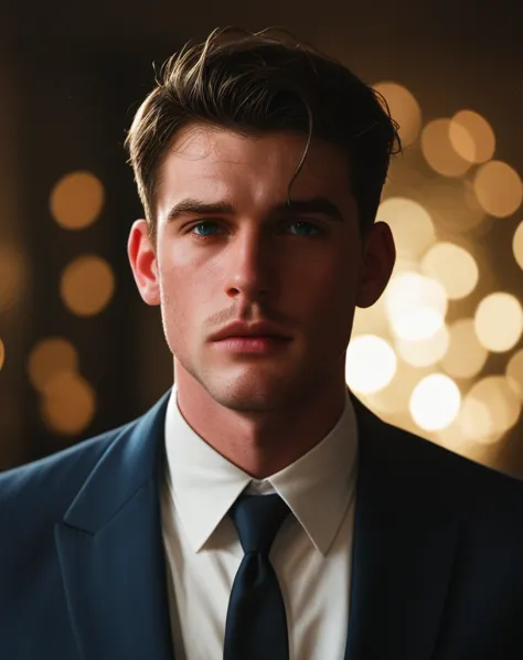 A man, cinematic film still of max verstappen, wearing a suit, shallow depth of field, vignette, highly detailed, high budget, b...