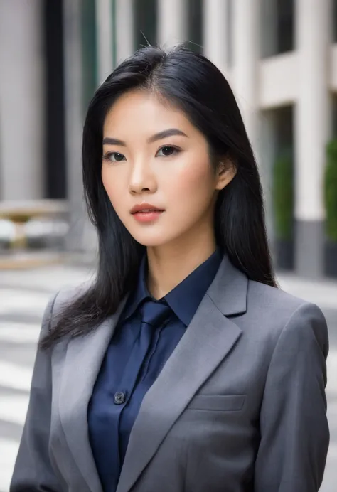 woman 20 years old asian ethnicity, perfect face black hair, wearing business attire, professional, successful