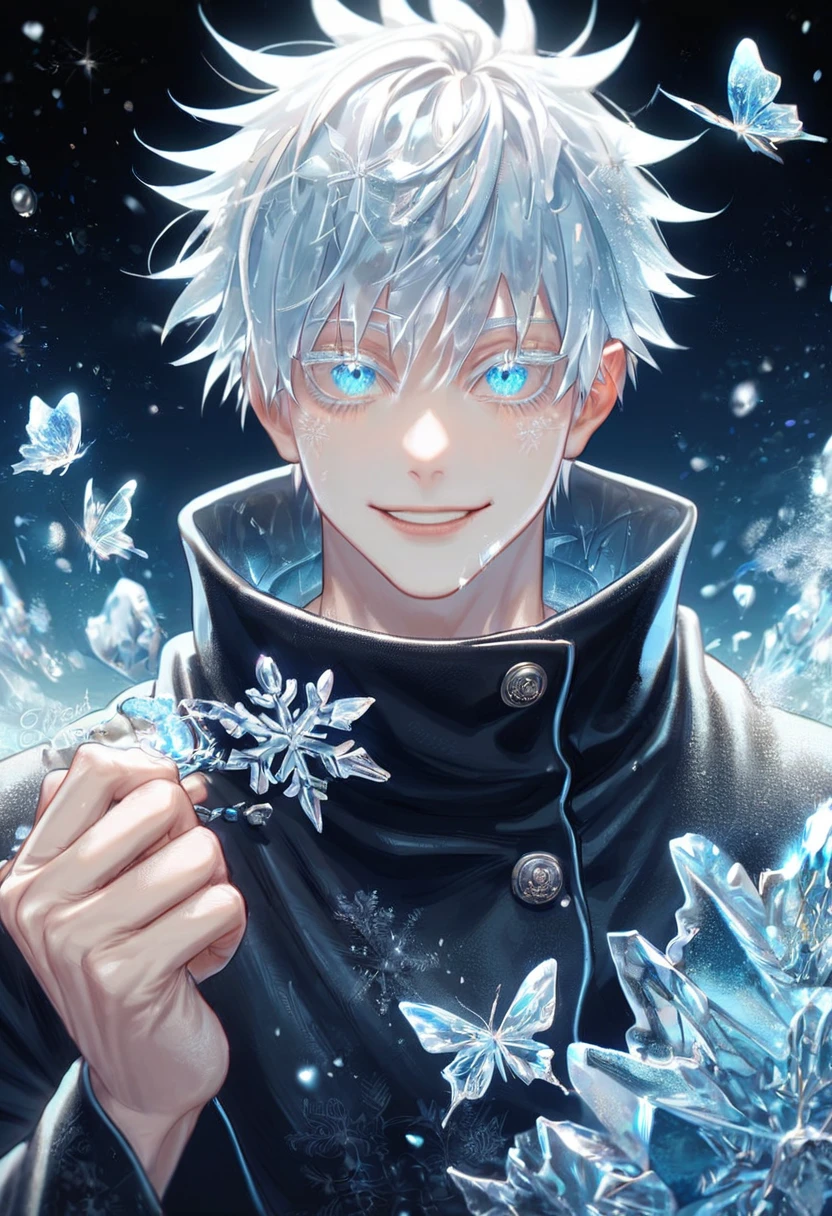 absurdres, highres, ultra detailed, HDR, master piece, best quality, extremely detailed face, delicated features, Gojou Satoru, white hair, with bangs, expressive blue eyes, white eyelashes, Jujutsu Kaisen, sexy man, solo, handsome, smiling, black coat, fantasy, magical, ice, ice butterflies, snowflakes, starry night, ice style