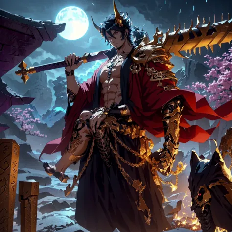 Close-up of a person sitting on a pile of skulls., beautiful male god of death, Epic anime artwork, anime badass 8 k, 2. 5d cgi ...