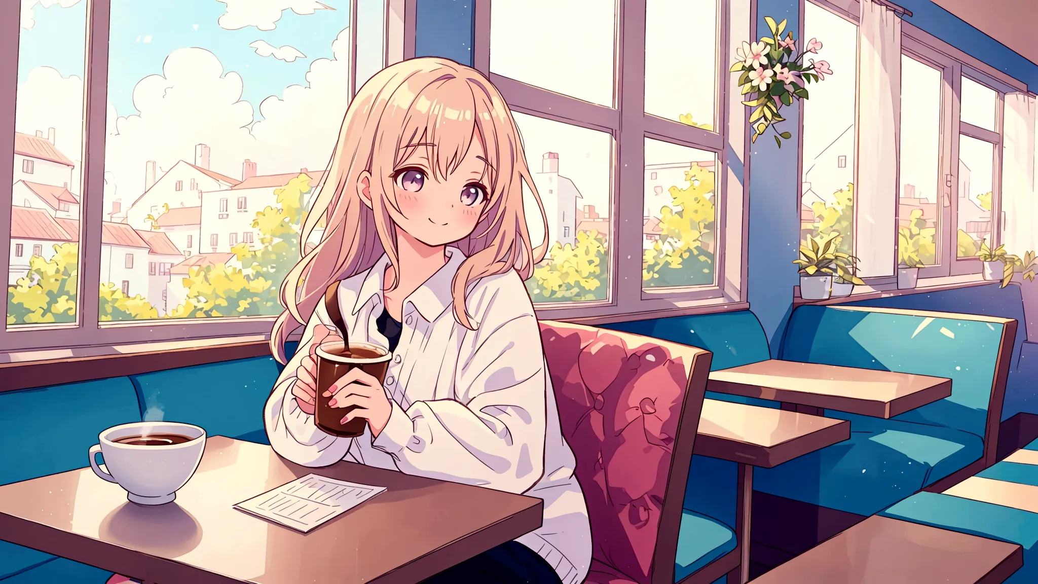 an anime-style image of a woman sitting alone in a cozy café on a sunday morning, drinking a single cup of coffee and gazing out...