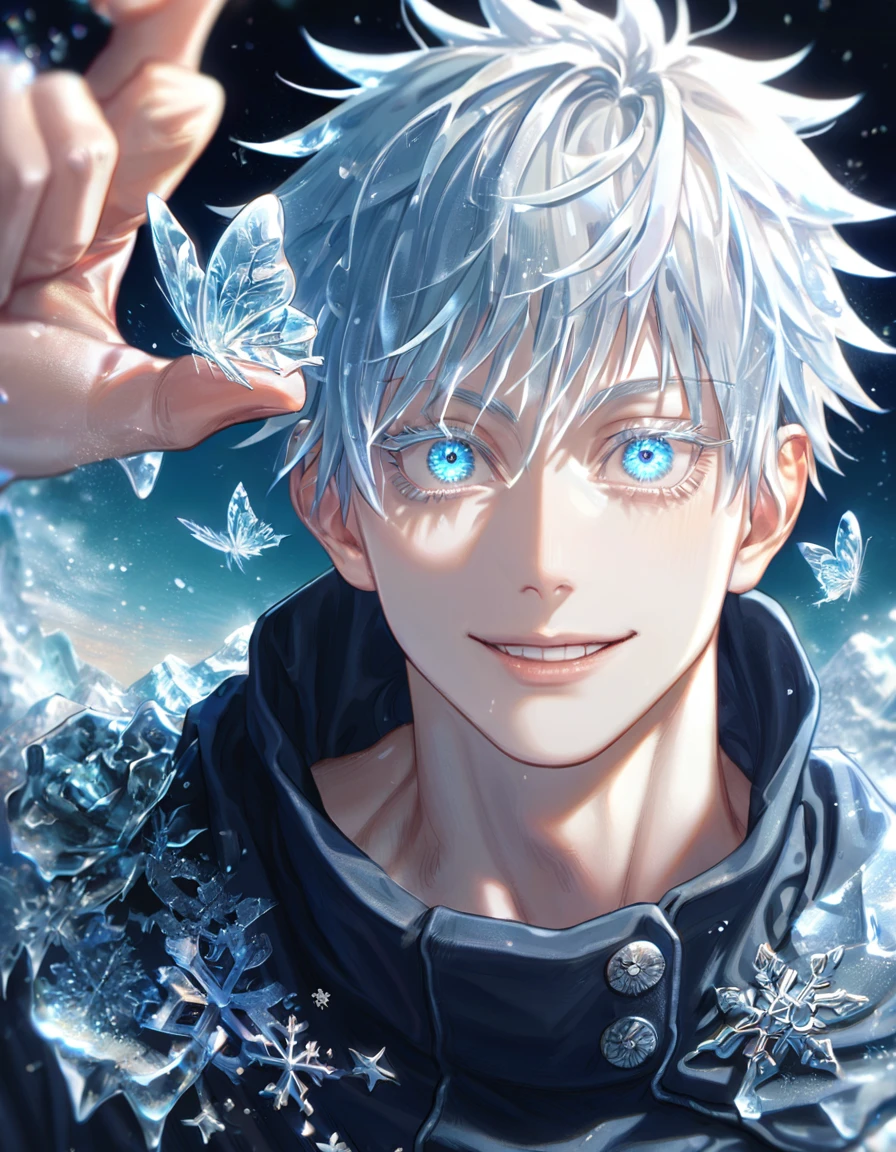 absurdres, highres, ultra detailed, HDR, master piece, best quality, extremely detailed face, delicated features, Gojou Satoru, white hair, with bangs, expressive blue eyes, white eyelashes, Jujutsu Kaisen, sexy man, solo, handsome, smiling, black coat, fantasy, magical, ice, ice butterflies, snowflakes, starry night, ice style