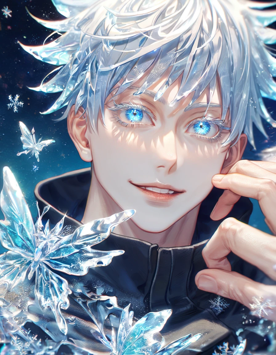 absurdres, highres, ultra detailed, HDR, master piece, best quality, extremely detailed face, delicated features, Gojou Satoru, white hair, with bangs, expressive blue eyes, white eyelashes, Jujutsu Kaisen, sexy man, solo, handsome, smiling, black coat, fantasy, magical, ice, ice butterflies, snowflakes, starry night, ice style