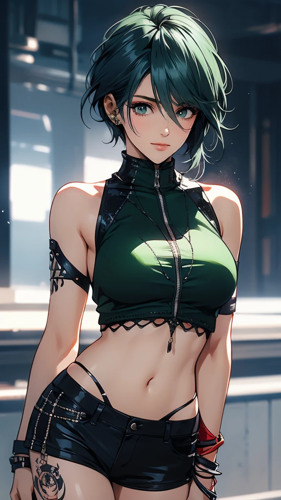 1 Female, Tamaki, green short hair, hair between eyes, (detailed eyes:1.3), Punk Fashion, boyish, cowboy shot