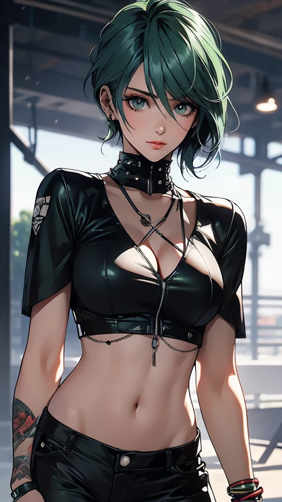 1 Female, Tamaki, green short hair, hair between eyes, (detailed eyes:1.3), Punk Fashion, boyish, cowboy shot