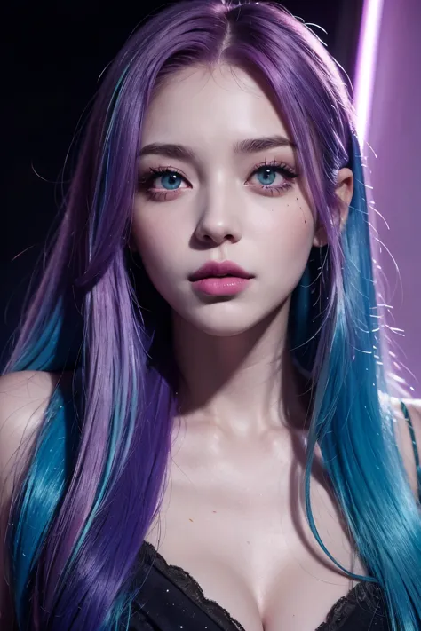 young woman, with long purple hair with blue and green tints, pink eyes, look at the viewer, blue skin, Pink, and yellow glitter...