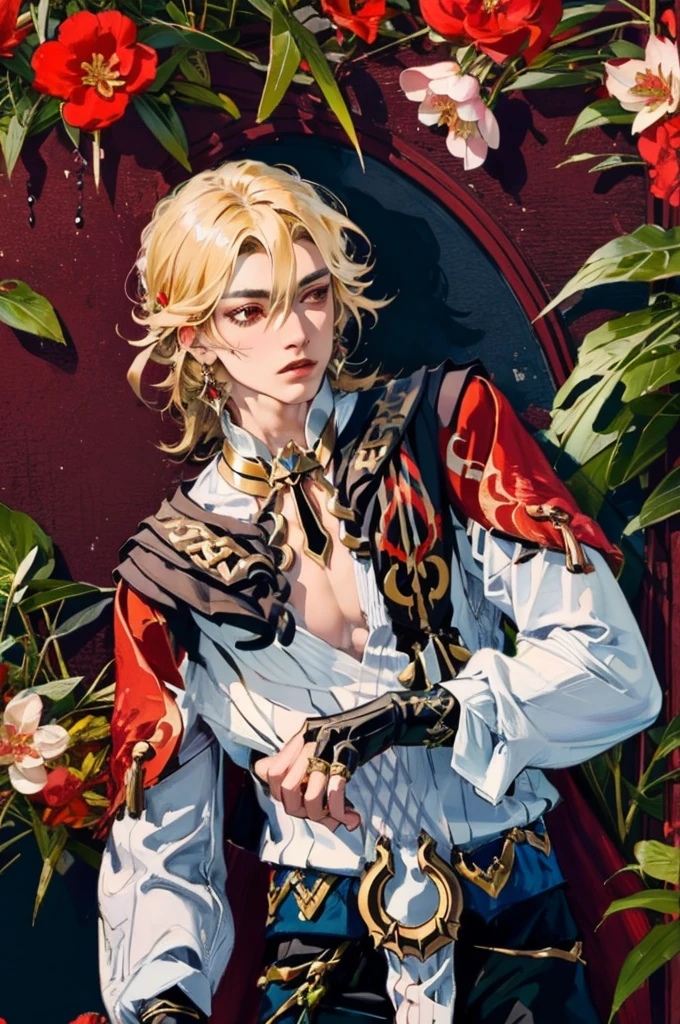 1 adult male solo, blond hair, red eyes, kaveh genshin impact, white top, red and black embroidered details, golden accessories, dark pants, fingerless gloves, feather hair ornament, shiny eyes (​masterpiece),((top-quality)),(offcial art),(Beautiful and indulgent:1.2),(1manin:1.3),Detailed drawing。Vibrant colors。colourfull、highestdetailed ((ultra-detailliert)),(Highly detailed 2D illustrations),((Extremely delicate and beautiful))Super Detail,atmosphric perspective，dust particle, iridescent light, water drops on flowers and plants, light summer rain, rainbow light, glowing, surrounded by dark red lily flowers