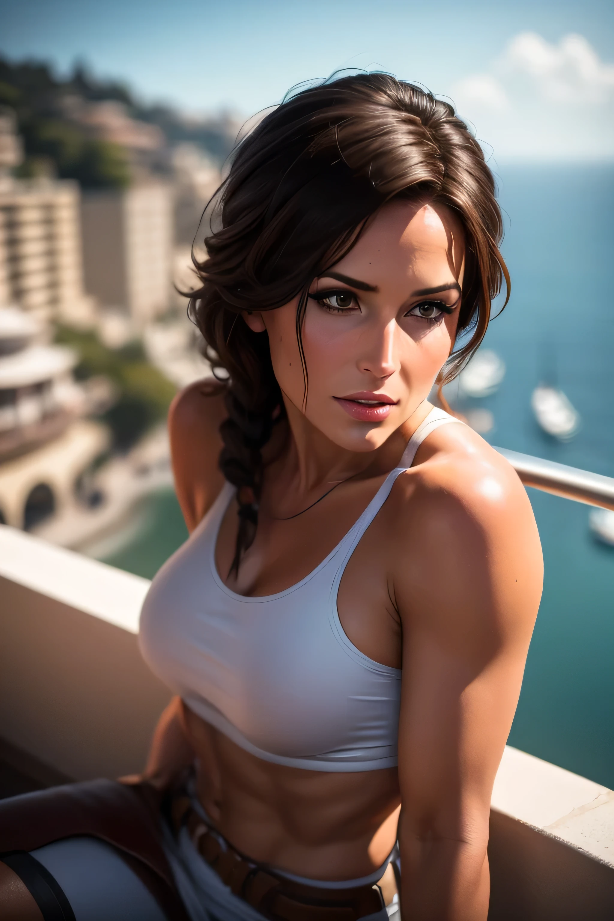 Lara Croft beobachtet den F1 Grand Prix von Monaco von der Tribüne aus, DLSR, scharfer Fokus, sanfte Beleuchtung, Meisterwerk, perfektes Gesicht, ultradetailliertes Gesicht, perfekte braune Augen, schönes Gesicht, Perfekte Anatomie, der Formel-1-Grand-Prix von Monaco im Hintergrund