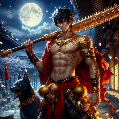 a close up of a man holding a bat with a dog, badass anime 8 k, handsome guy in demon slayer art, akira from chinese mythology, ...