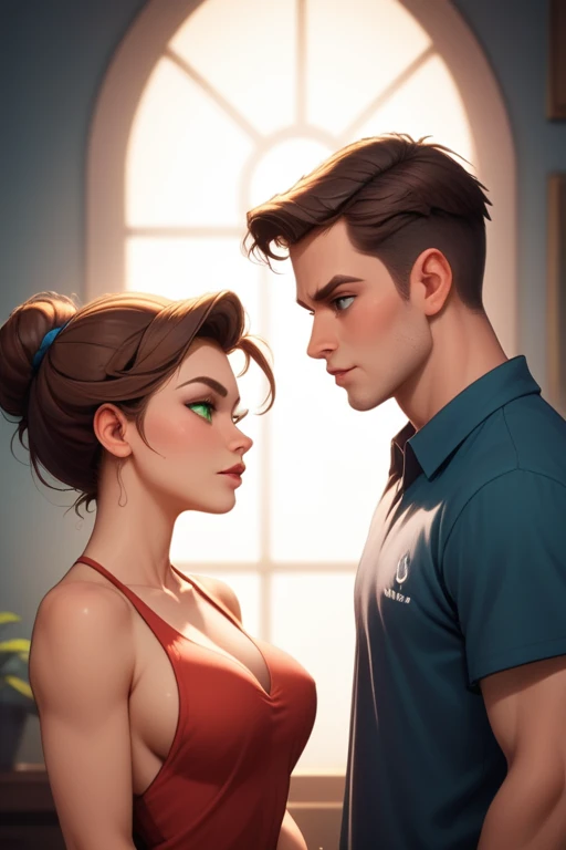 two working-class people, a man and a woman; man is handsome and athletic with brown hair and green eyes; woman is attractive with large breasts brown hair and blue eyes; in a small suburban home; Disney-style, CGI; best quality; high definition; trending on artstation; complex volumetric lighting; shadows; at home; casual clothes