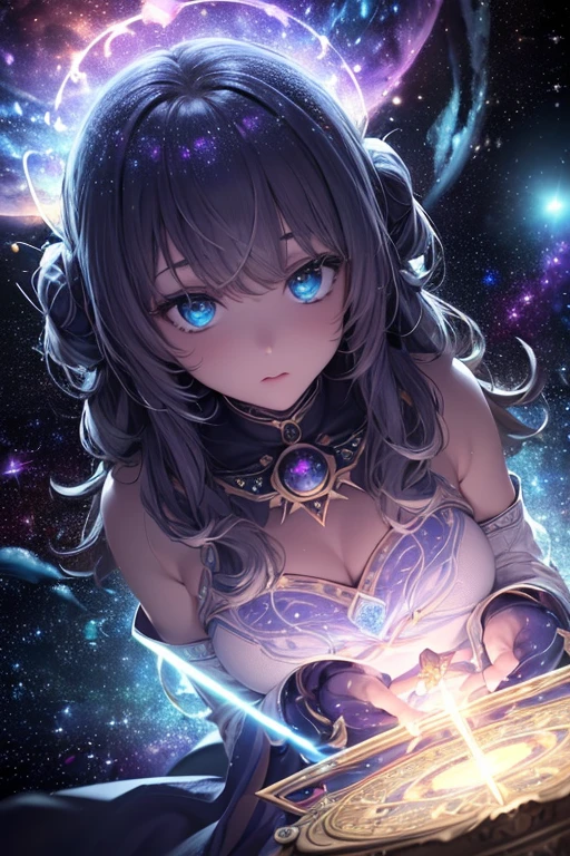 (8K, Highest quality, masterpiece:1.2, Super detailed,Highest quality, Ultra-high resolution, Professional Lighting, ）"Mystical tarot cards floating in outer space, cosmic background with stars and nebulae, ethereal glow around the cards, magical energy connecting the cards, detailed card illustrations visible, dramatic lighting, surreal and dreamlike atmosphere"