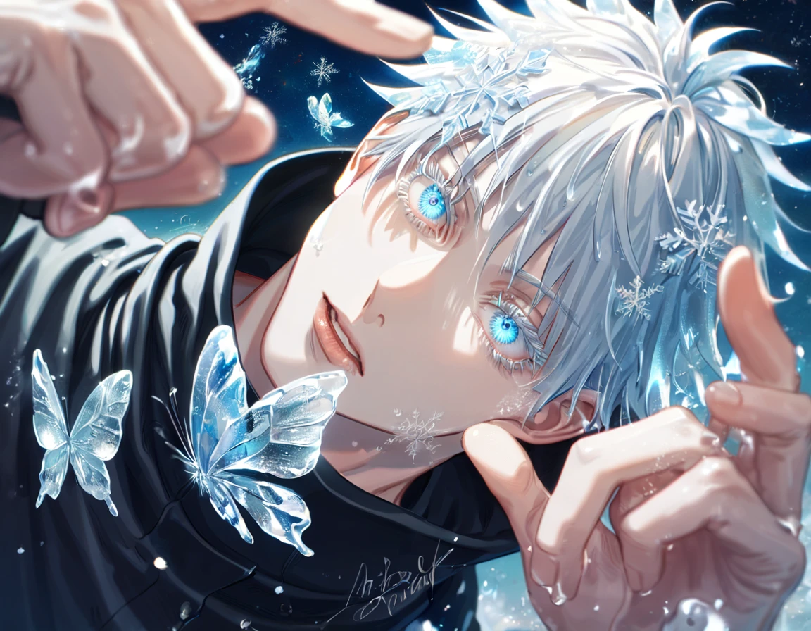 absurdres, highres, ultra detailed, HDR, master piece, best quality, extremely detailed face, delicated features, Gojou Satoru, white hair, with bangs, expressive blue eyes, white eyelashes, Jujutsu Kaisen, sexy man, solo, handsome, black coat, fantasy, magical, ice, ice butterflies, snowflakes, starry night, ice style