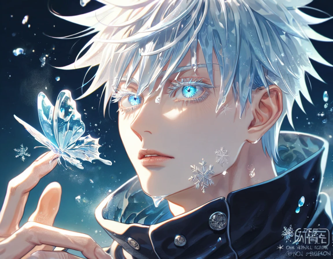 absurdres, highres, ultra detailed, HDR, master piece, best quality, extremely detailed face, delicated features, Gojou Satoru, white hair, with bangs, expressive blue eyes, white eyelashes, Jujutsu Kaisen, sexy man, solo, handsome, black coat, fantasy, magical, ice, ice butterflies, snowflakes, starry night, ice style