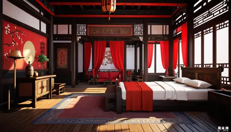 there is a room with a bed and a table and chairs, beautiful rendering of the tang dynasty, g liulian art style, cyberpunk chine...