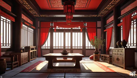 there is a room with a bed and a table and chairs, beautiful rendering of the tang dynasty, g liulian art style, cyberpunk chine...