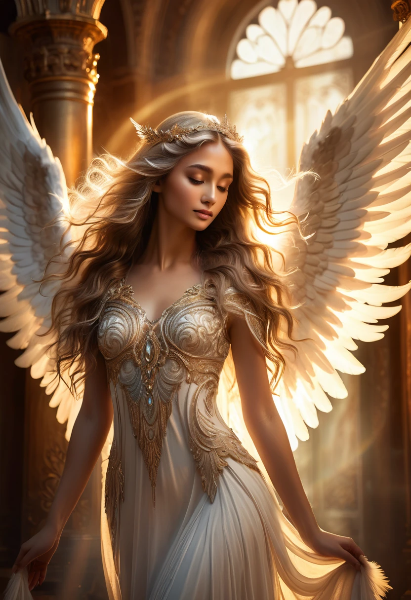 A beautiful angel with long flowing hair, detailed feathered wings, glowing halo, ethereal expression, graceful pose, warm lighting, heavenly background, intricate ornate details, lush detailed texture, cinematic lighting, fantasy art, muted color palette, dramatic atmosphere, masterpiece