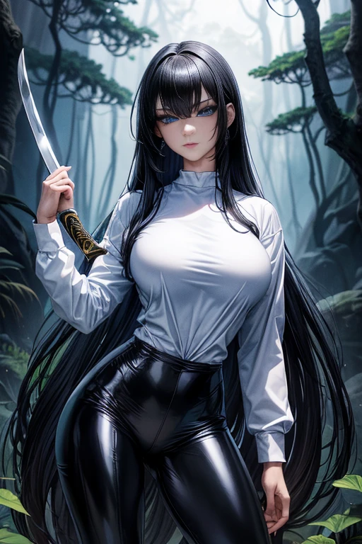 Masterpiece, high quality full length portrait of 1 woman (maduro)) YOUNG), Holding a katana, (long sleeve white shirt), (shiny black leggings), beautiful thin face, detailed face, long hair, (black hair), BIG BREASTS, pale and light skin, detailed eyes, ((blue eyes)), shy expression, set in a dark forest environment background, evening, Moonlight