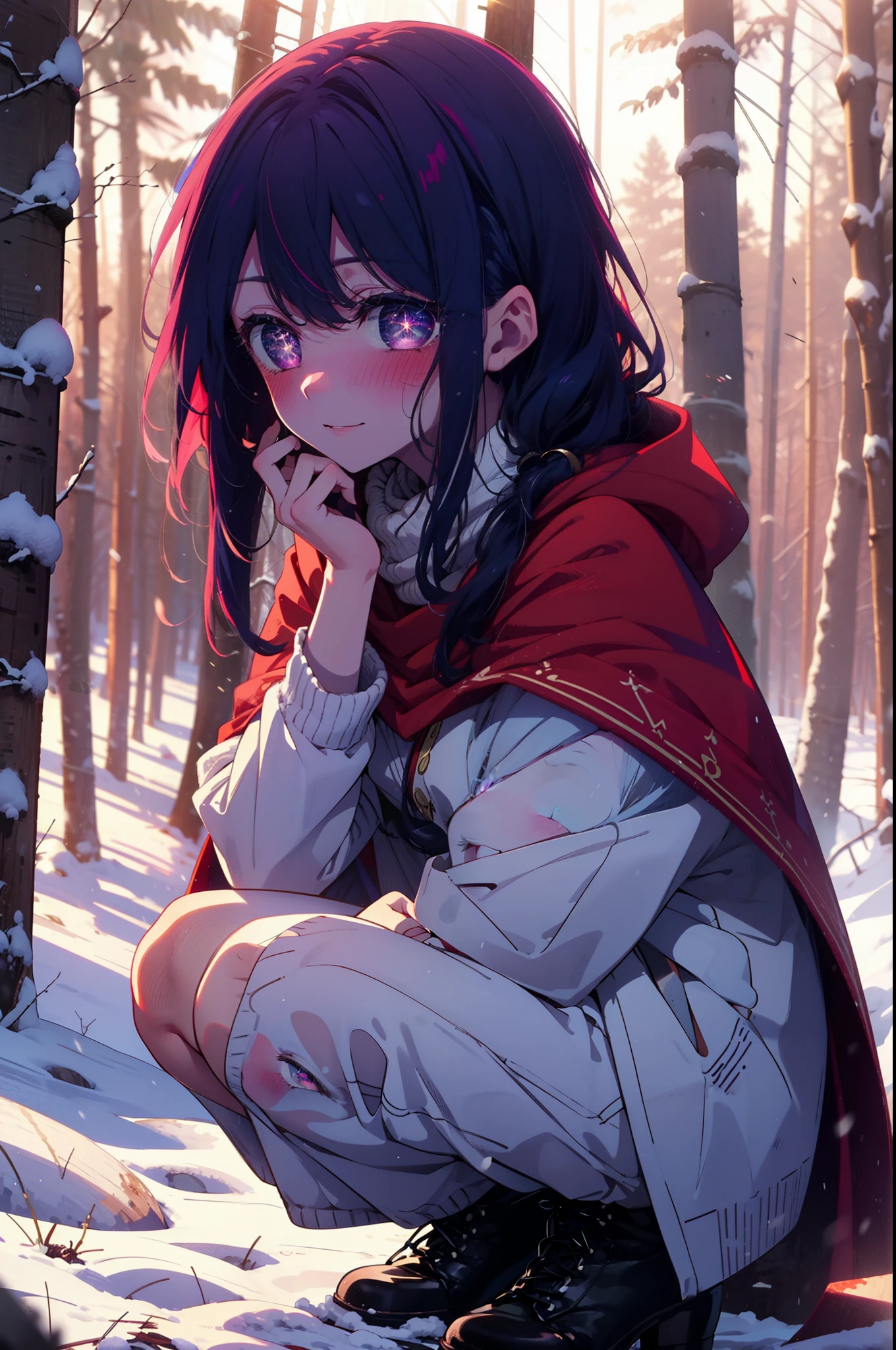 aihoshino, Ai Hoshino, Long Hair, bangs, (Purple eyes:1.1), Purple Hair, (Symbol-shaped pupil:1.5), smile,,smile,blush,White Breath,
Open your mouth,snow,Ground bonfire, Outdoor, boots, snowing, From the side, wood, suitcase, Cape, Blurred, , forest, White handbag, nature,  Squat, Mouth closed, Cape, winter, Written boundary depth, Black shoes, red Cape break looking at viewer, Upper Body, whole body, break Outdoor, forest, nature, break (masterpiece:1.2), Highest quality, High resolution, unity 8k wallpaper, (shape:0.8), (Beautiful and beautiful eyes:1.6), Highly detailed face, Perfect lighting, Extremely detailed CG, (Perfect hands, Perfect Anatomy),