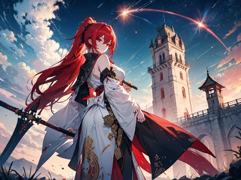 Japanese style castle in the background, starry skies, Ultra-detailed backgrounds, Anime style painting, Heavy makeup, Holding a...