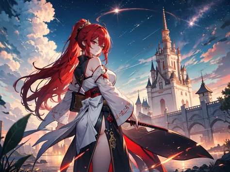 Japanese style castle in the background, starry skies, Ultra-detailed backgrounds, Anime style painting, Heavy makeup, Holding a...