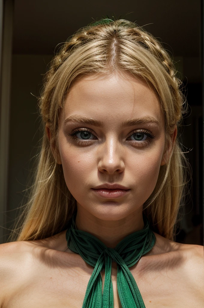 sublime blonde avec les yeux vert et une vue de face, corps avec les proportions parfaites