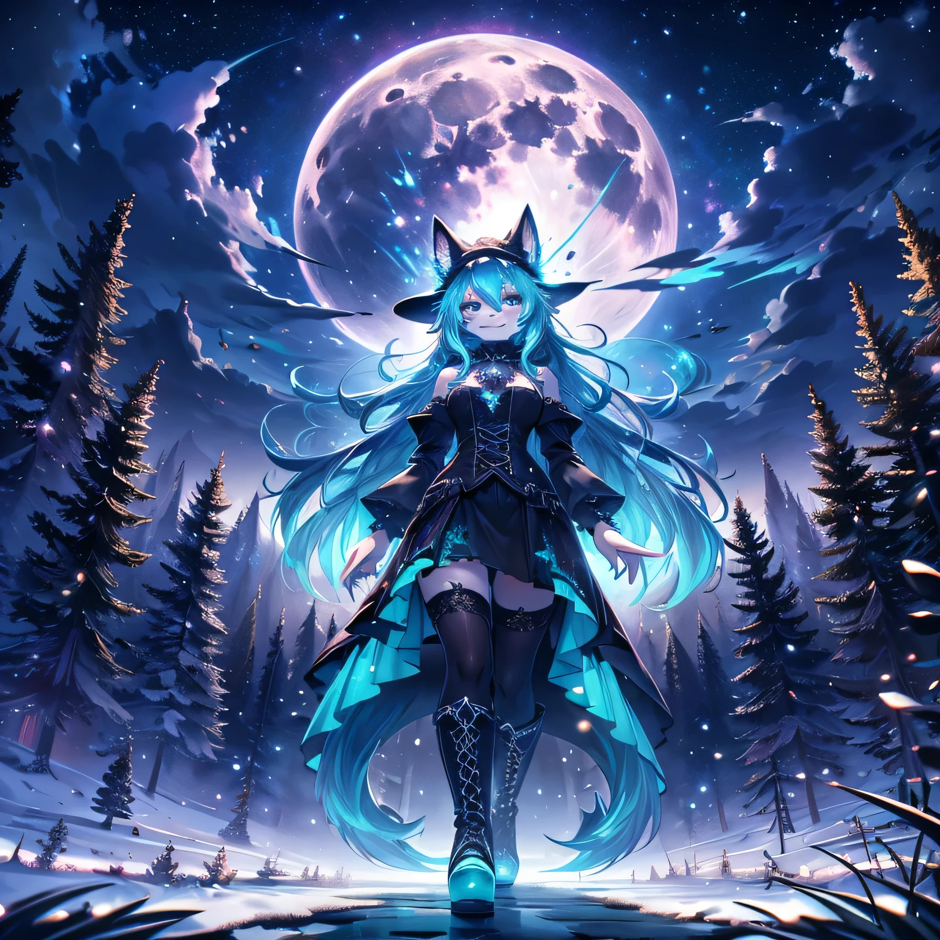 expansive landscape photography (a view from below showing the sky above and an open forest below), woman standing on a paved path looking at the landscape, wolf woman, full body portrait, full fur, magical fur, tail complete, big signal, magic tail, long hair (colored hair), hat on head (gothic style), almond-shaped eyes (bright turquoise color), expressive smile, charming face, gothic clothes (dark color with magic skulls), tights in black fur, shoes (gothic style high boots),, night setting, (full moon: 1.2), (shooting stars: 0.9), (nebula: 1.3), (warm light source: 1.2), (Firefly: 1.2), (snowflake: 1.0), (snow on tree) (masterpiece: 1.2), (best quality), 4k, ultra detailed, (dynamic composition: 1.4) , very detailed and colorful details, (iridescent colors: 1.2), (vivid lighting, ambient lighting), dreamy, magical, (alone: ​​1.2)