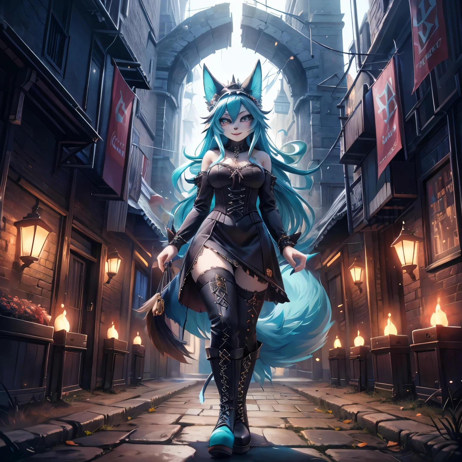 [Best Quality, Shaded, Extreme Detail, Highly Detailed, Ultra Detailed, Intricate, Realistic, Perfect Face], Wolf Woman, Full Body Portrait, Full Fur, Magic Fur, Full Tail, Big Signal, Magic Tail, Long Hair (Hair colorful ), hat on the head (gothic style), almond-shaped eyes (bright turquoise color), expressive smile, charming face, gothic clothes (dark color with magic skulls), black fur tights, shoes (high boots in gothic style) , the scene takes place in a narrow alley with a sinister and dark atmosphere.