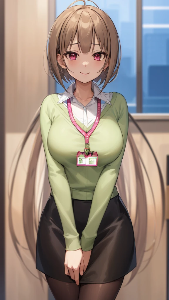 2D, masterpiece, highest quality, anime, highly detailed face, highly detailed eyes, highly detailed background, perfect lighting, whole body, 1 girl, alone, Harusaki Nodoka, collared shirt, Green sweater, black skirt, pantyhose, ID card, embarrassing, smile, Are standing, office 