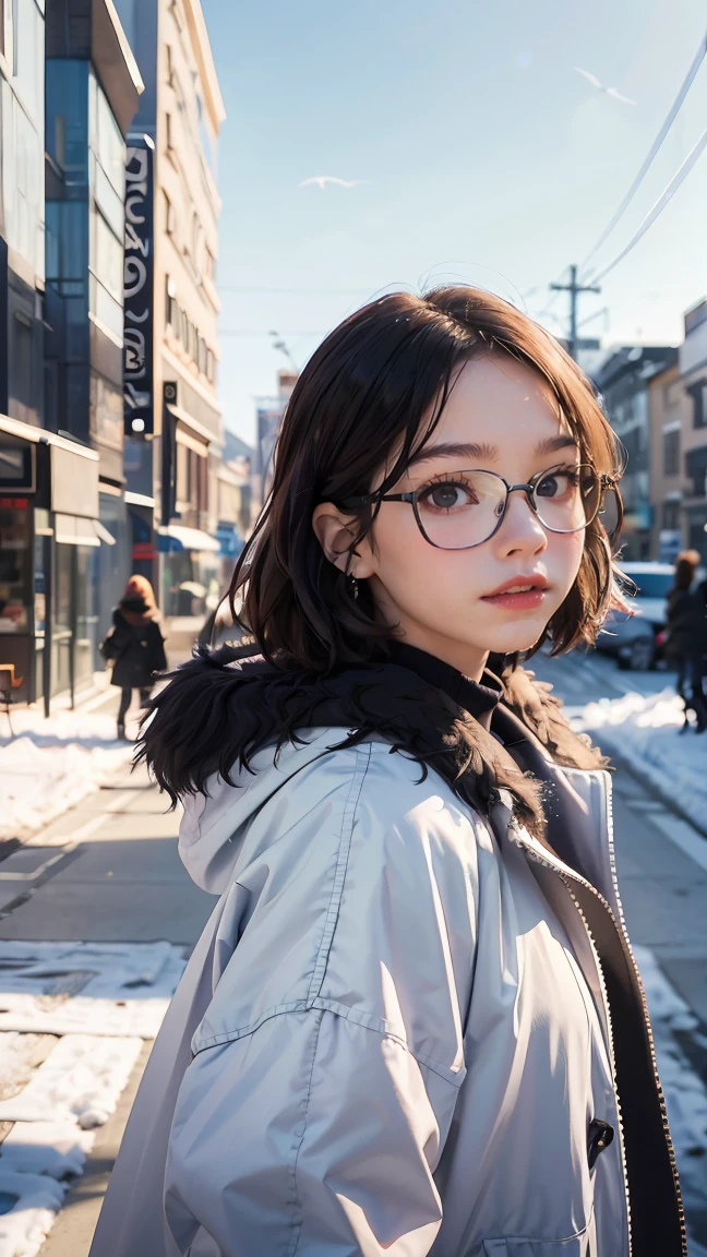 sam yang,, 1girl, animal, animal on shoulder, bird, black-framed eyewear, black eyes, black hair, blue sky, cityscape, clear sky, coat, day, earrings, eyewear hang, eyewear removed, fur coat, jacket, jewelry, long hair, looking to the side, outdoors, power lines, red lips, sky, smile, snow, solo, sunglasses, white bird, white coat, winter, winter clothes, , ((masterpiece))