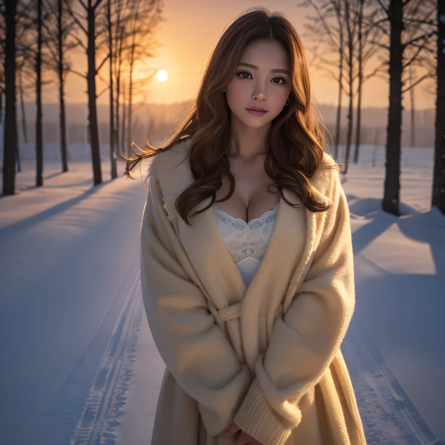 highest quality、8K、Award-winning work、ultra high resolution)、one beautiful woman、(Wearing an elegant thick fur beige coat:1.2)、long knit sweater dress、perfect fit、brown hair、white skin、(big cleavage:1.1)、Very long wavy hair、epic movie lighting、(romantic love feeling:1.1)、(A vivid and magical sunset:1.1)、(The most romantic and moody atmosphere:1.1)、winter、snow scene、It&#39;s snowing、(Walking through the snowy city:1.2)、Look at me、(Exposing big breasts that are about to burst:1.2)、(Most emphasize the body line:1.2)、very long hair、blurred background、accurate anatomy、ultra high definition hair、Perfect and beautiful teeth in ultra high resolution、Ultra high definition beauty face、ultra high definition hair、Super high-definition sparkling eyes、Shining, ultra high-resolution beautiful skin、ultra high resolutionの艶やかな唇、(Full body photo:1.1)、(exposing long bare legs:1.1)、(expose long legs:1.1)、