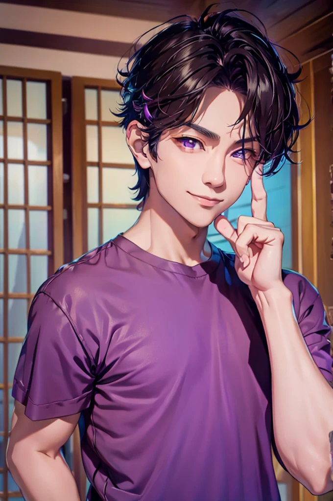 Young boy, wolfcut hair style, Purple eyes, Black hair, Best Quality, day, masutepiece, Colorful, casual shirt, Upper body, Looking at Viewer, sly grin, sly, Face Focus, peace sign