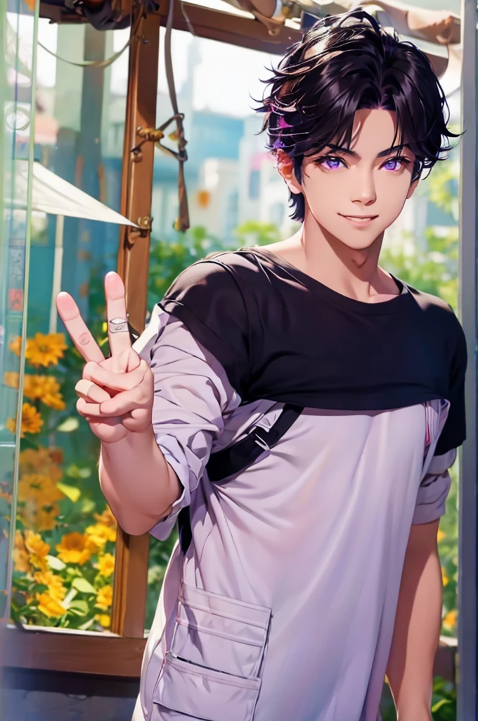 Young boy, wolfcut hair style, Purple eyes, Black hair, Best Quality, day, masutepiece, Colorful, casual shirt, Upper body, Looking at Viewer, sly grin, sly, Face Focus, peace sign