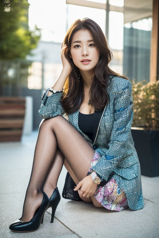 (Highest quality、Ultra-high resolution、masterpiece、8K、Realistic raw photo)、(Delicate face、Detailed eyes and face、Watery eyes、double eyelid、Glossy lips), ((1 girl)) 、Very beautiful woman、Slender、Slim Big、Sharp long legs、Alluring and sexy、(Geometric print blazer:1.2)、(Geometric print skirt:1.2),(silk pantyhose:1.1),(High heels)、Cleavage、High-definition skin texture、The wind is blowing、Sunlight shining on face and body、Modern architecture in the background、Above the knee shot、((Perfect body、Two perfect legs、Detailed shoes、Perfect Anatomy、Anatomically correct))
