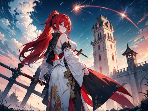 Japanese style castle in the background, starry skies, Ultra-detailed backgrounds, Anime style painting, Heavy makeup, Holding a...