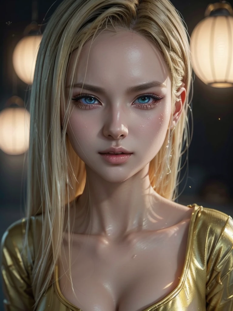 1 girl, android 18, sensual, dripping wet, beautiful detailed eyes, beautiful detailed lips, extremely detailed face, long eyelashes, voluptuous figure, flowing hanfu dress, glowing golden hair, dynamic pose, intricate detailed environment, cinematic lighting, vibrant colors, 8k, photorealistic, masterpiece, concept art