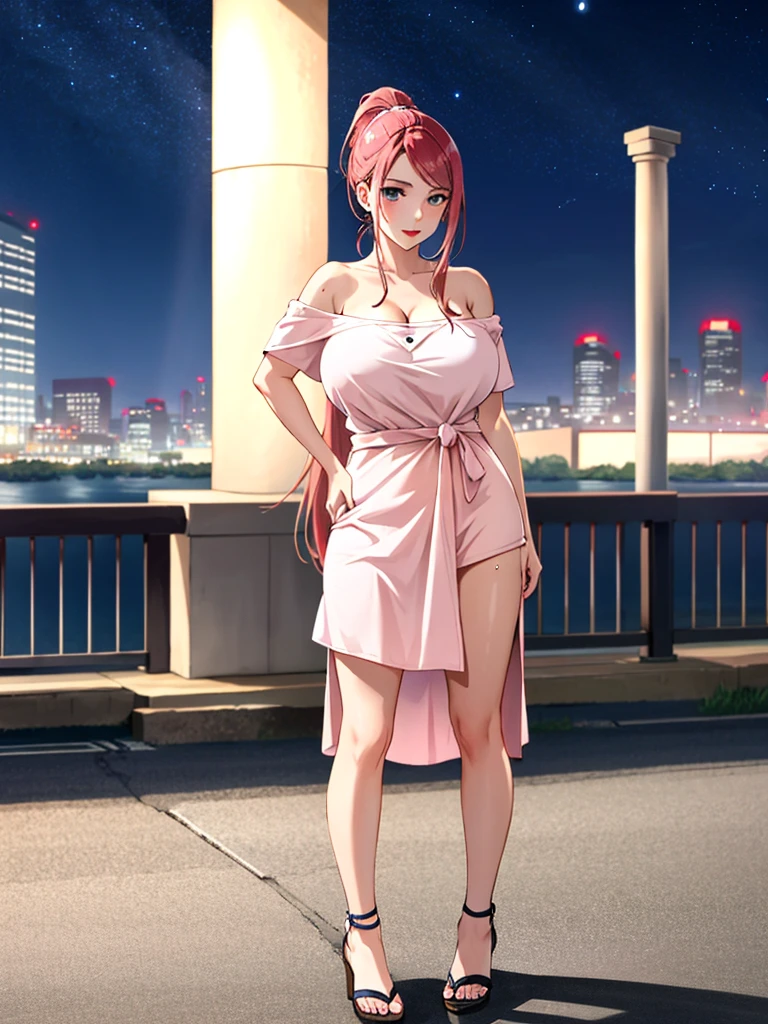 Uzumaki_kushina,light pink hair,huge breasts, beautiful face:1.3,butt hole,navel, cleavage ,bellybutton,off the shoulder:1.9,body facing front,full body shot,standing straight, short  skirt, tshirt ,loose dress, mole on chest,red lipstick, mole on lip,ponytail,long hair,night sky, looking at view,no bra,