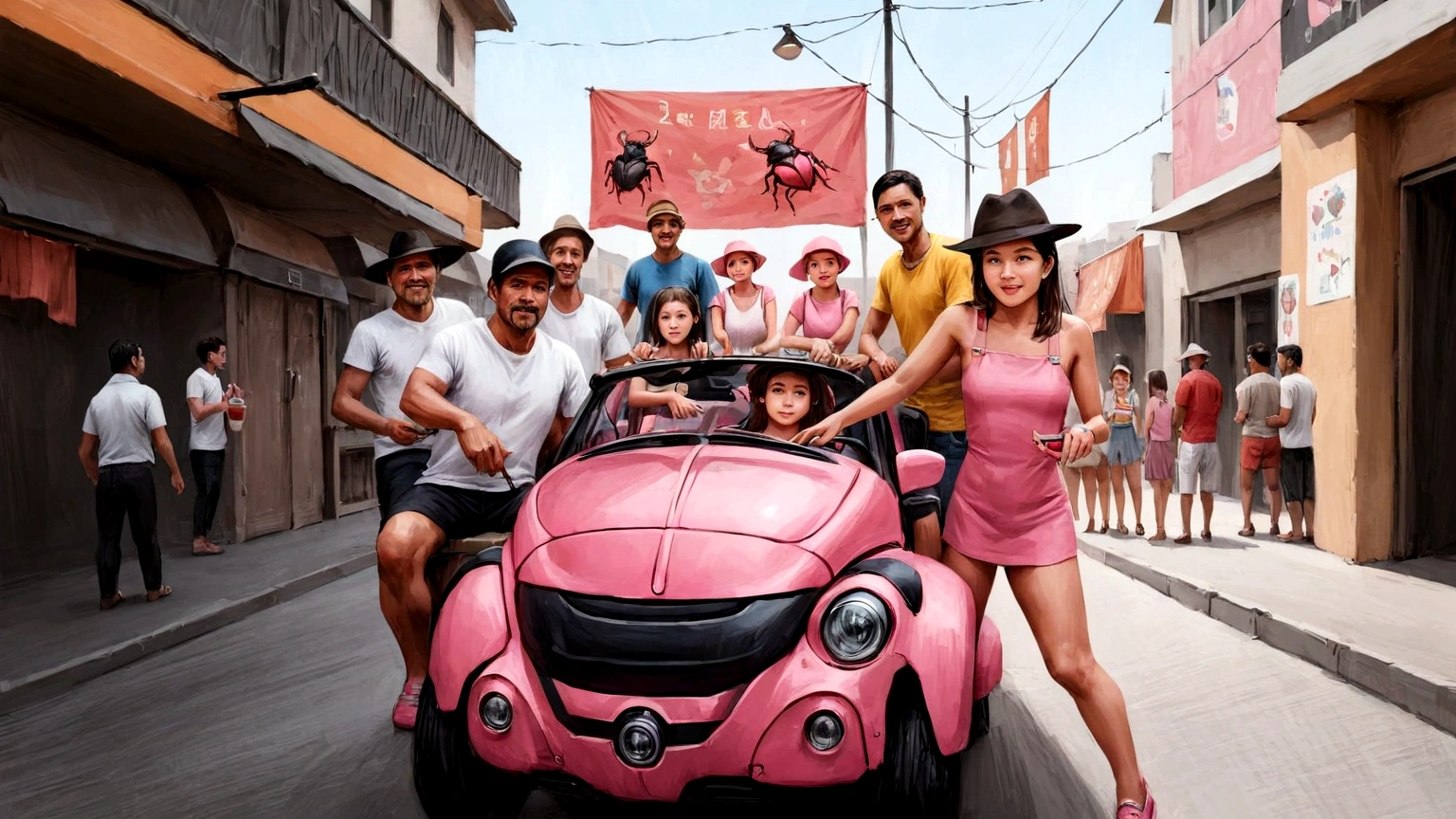 several people ride in a pink Beetle with an adapted barbecue in the front of the car, a man sitting next to the barbecue and a girl in a hat next to the pink Beetle, festival, Manga drawing style Realistic, front view